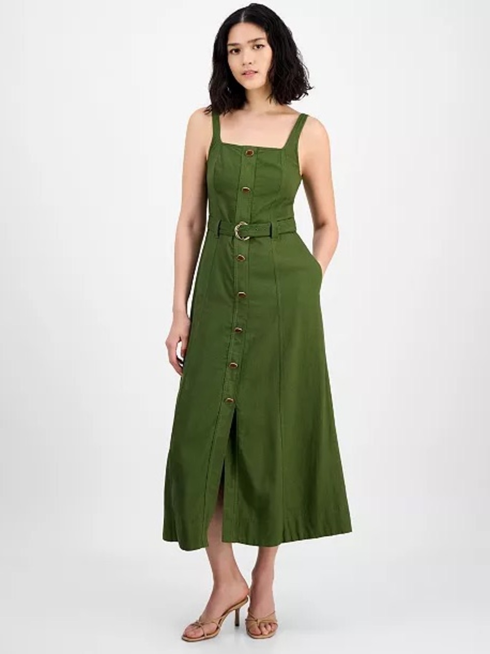 Taylor Olive Green Square-Neck Belted Button-Front Dress